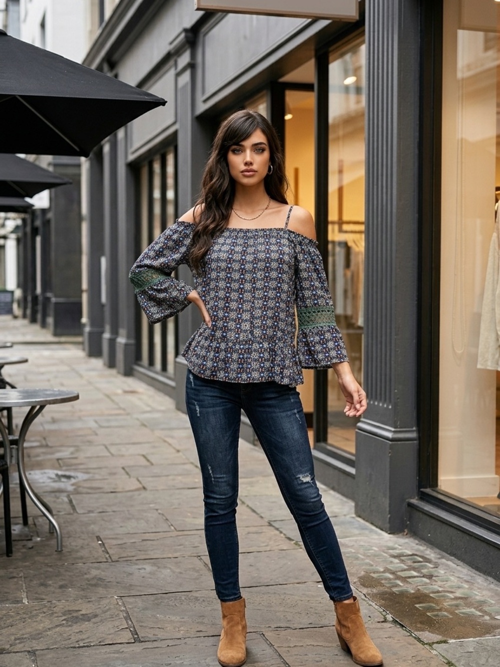 Takara Sm Blue Geometric Off-Shoulder Camisole Top with Lace Trim